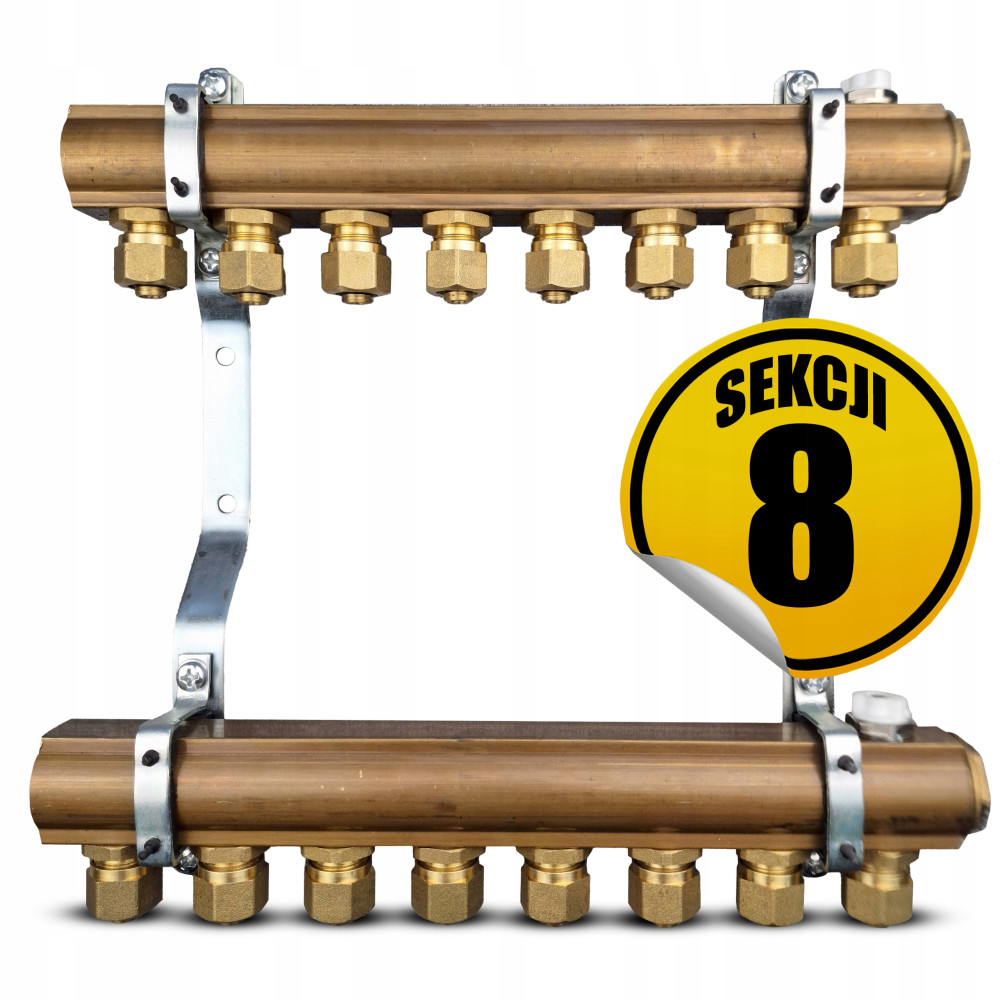 CAPRICORN Rozdzielacz mosiężny 40mm, do c.o. z złączkami 16X2, 8 sekcji.