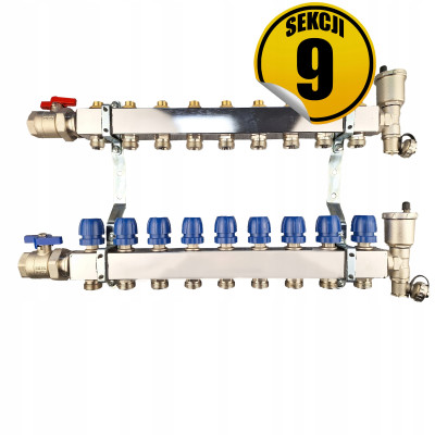 Rozdzielacz ze stali nierdzewnej OPTIMUM2 PLUS, do centralnego ogrzewania i podłogowego, 9 sekcji CAPRICORN