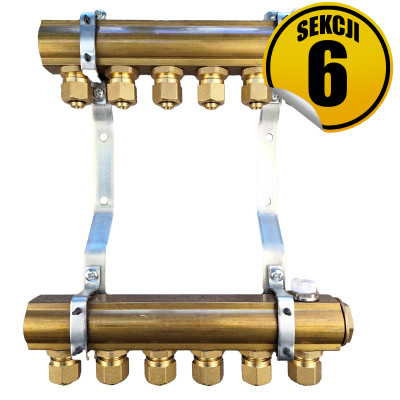 CAPRICORN Rozdzielacz mosiężny 40mm do c.o. i złączki 16X2, 6 sekcji.