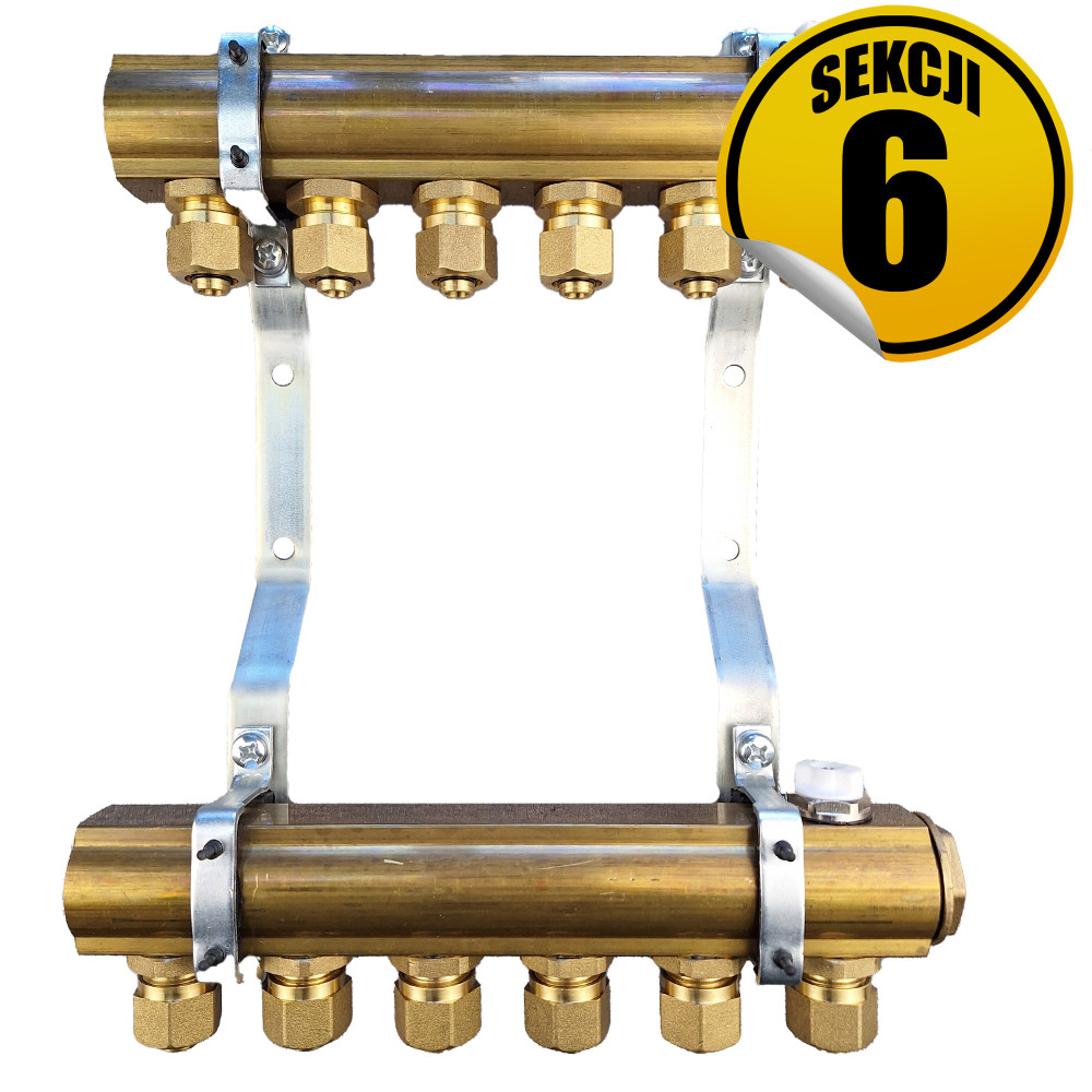 CAPRICORN Rozdzielacz mosiężny 40mm do c.o. i złączki 16X2, 6 sekcji.