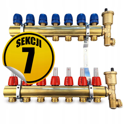 CAPRICORN Rozdzielacz mosiężny PREMIUM2 bez zaworów kulkowych, 7 sekcji.