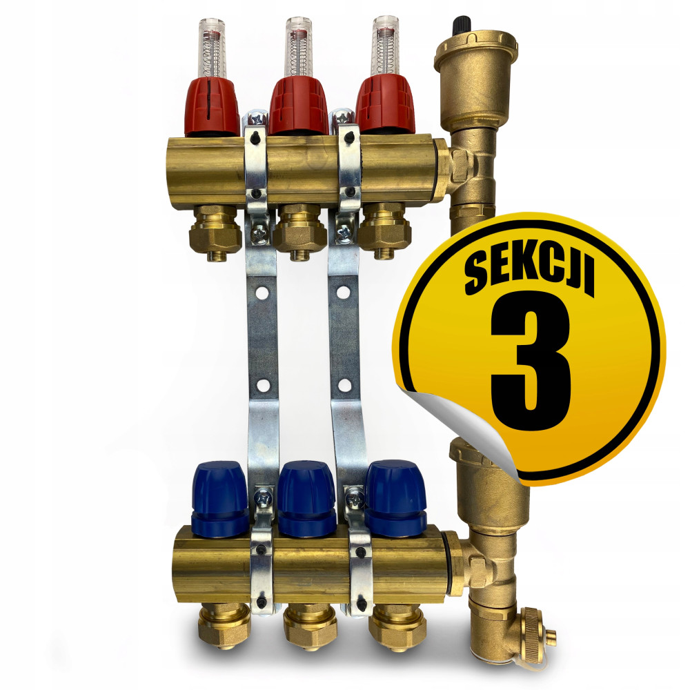 CAPRICORN Rozdzielacz mosiężny PREMIUM2 bez zaworów kulowych, 3 sekcje.
