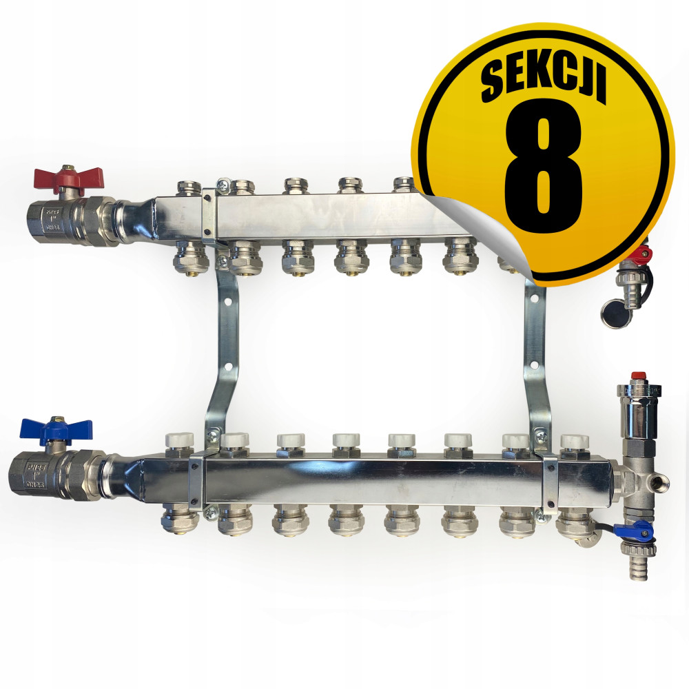 CAPRICORN Rozdzielacz ze stali nierdzewnej do instalacji grzewczej Standard 3, 8 sekcji.
